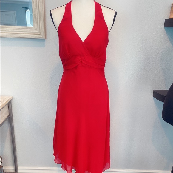 red halter midi dress